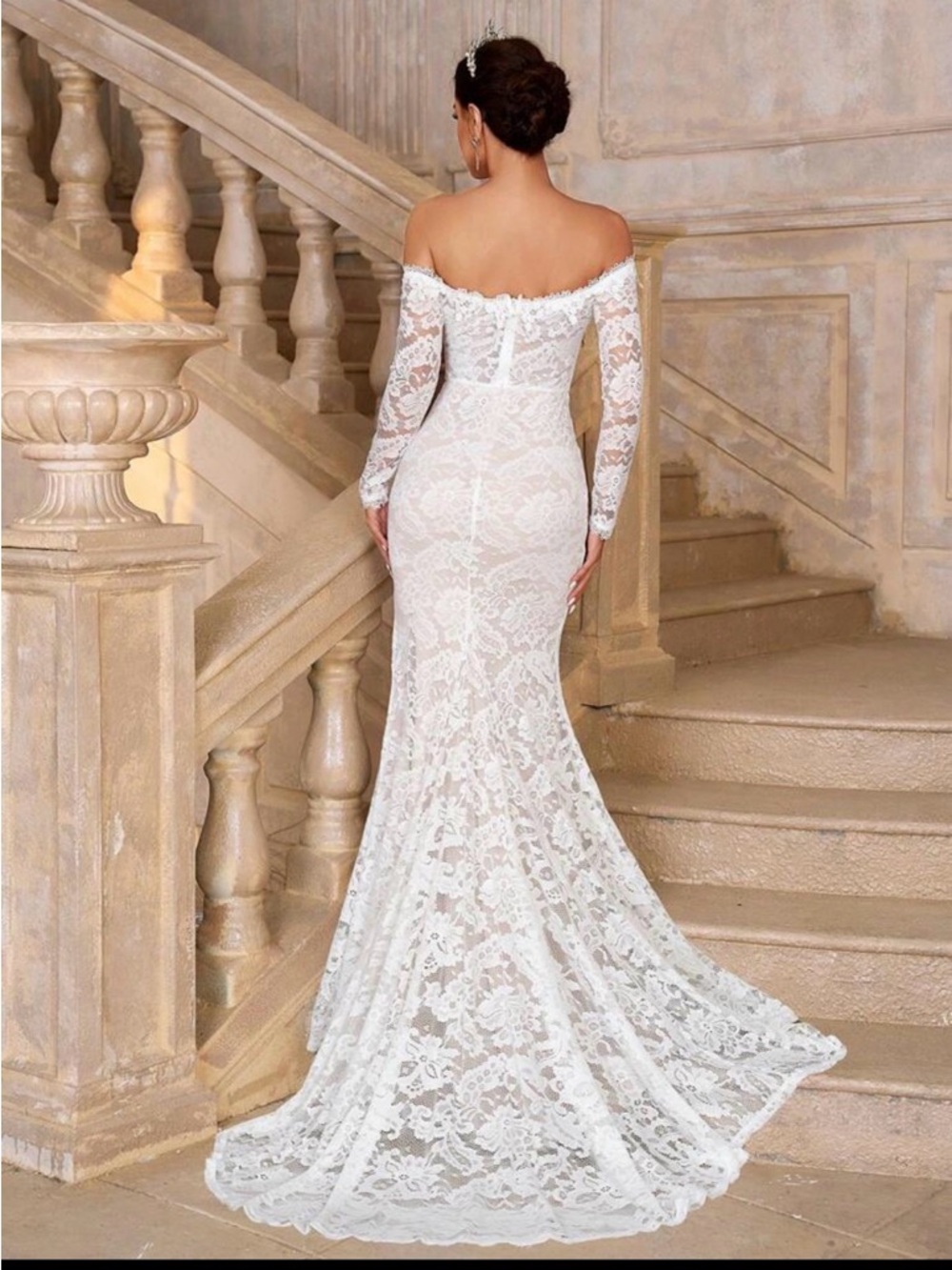 SHEIN-Elegant Off-Shoulder White Lace Evening Gown with Side Slit - Picture 2 of 11